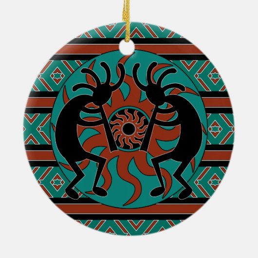 Tribal Sun Turquoise Kokopelli zuidwestelijk Kerst Keramisch Ornament (Achterkant)
