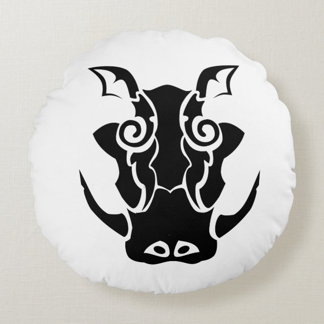 Tribal Tattoo Style Boar Head Rond Kussen (Voorkant)