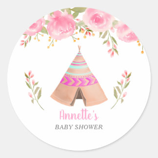 Tribal Teepee Roze Bloemen Baby shower Ronde Sticker