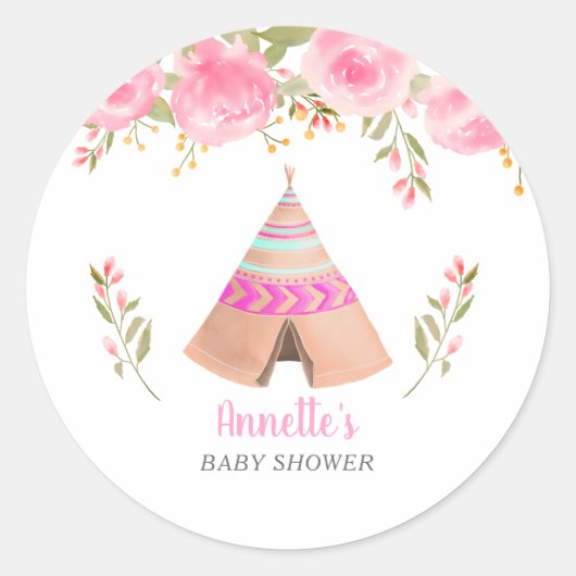 Tribal Teepee Roze Bloemen Baby shower Ronde Sticker (Voorkant)