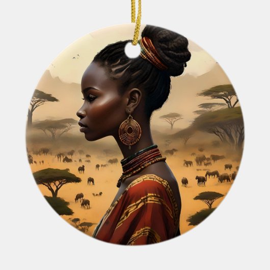 Tribal vrouw kijken over haar Afrikaanse landschap Keramisch Ornament (Voorkant)