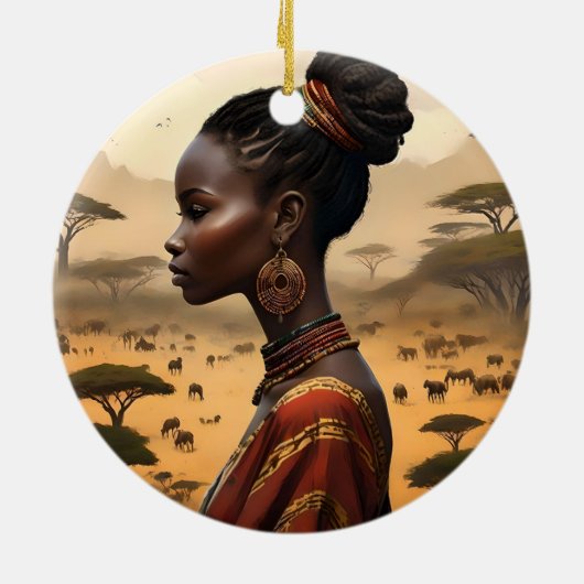 Tribal vrouw kijken over haar Afrikaanse landschap Keramisch Ornament (Achterkant)