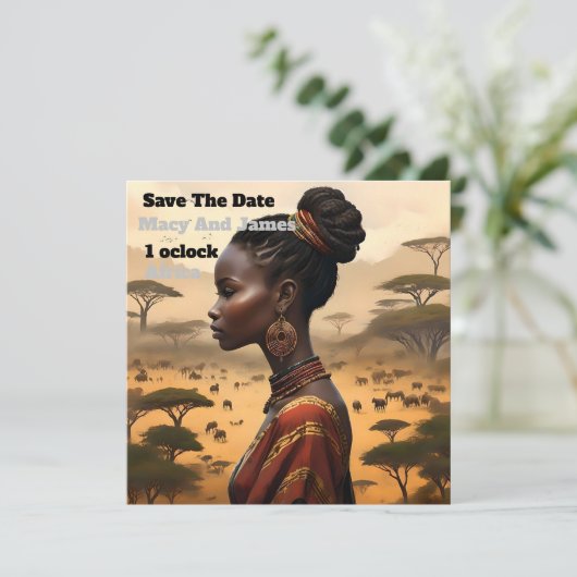Tribal vrouw kijken over haar Afrikaanse landschap Save The Date (Staand voorkant)