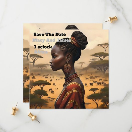 Tribal vrouw kijken over haar Afrikaanse landschap Save The Date (Voorkant / Achterkant in situ)