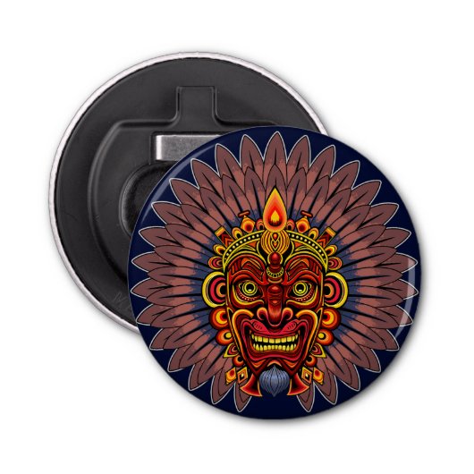 Tribal Warrior King ritueel masker Button Flesopener (Voorkant)