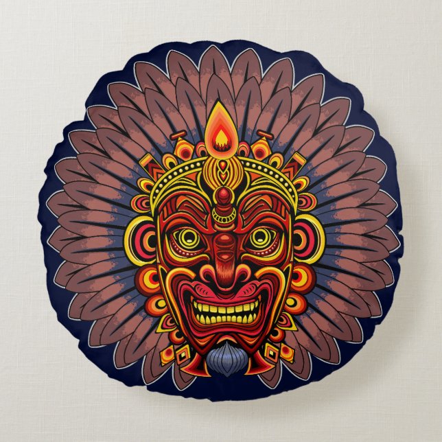 Tribal Warrior King ritueel masker Rond Kussen (Voorkant)