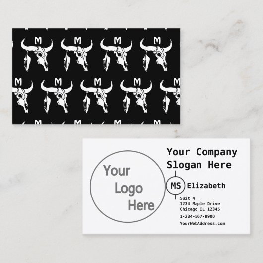 Tribal White Longhorn Bull Skull w White Feather Visitekaartje (Voorkant / Achterkant)