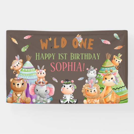 Tribal Wild One Safari Woodland Verjaardagsfeest Spandoek (Horizontaal)