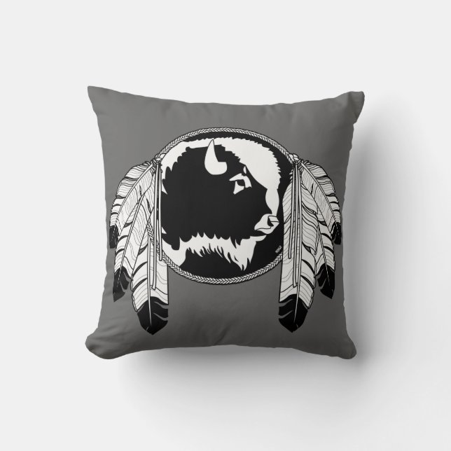 Tribal Wildlife Pillow Native Art Buffalo Kussens (Voorkant)