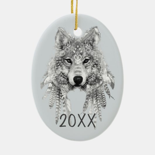 Tribal Wolf  Keepomwille Jaar Keramisch Ornament (Achterkant)