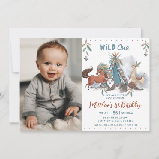 Tribal Woodland Animal Wild One 1e verjaardag Foto Kaart (Voorkant)