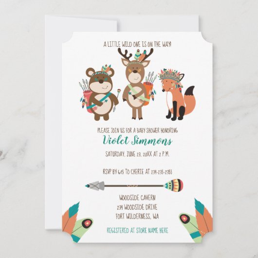 Tribal Woodland Animals Aqua Baby shower Invite Kaart (Voorkant)