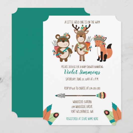 Tribal Woodland Animals Aqua Baby shower Invite Kaart (Voorkant / Achterkant)