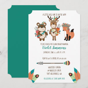 Tribal Woodland Animals Aqua Baby shower Invite Kaart