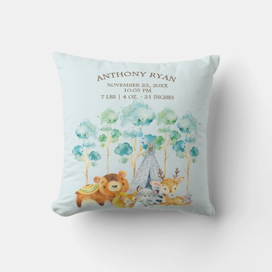 Tribal Woodland Animals Baby Geboorte Stats Kussen (Voorkant)