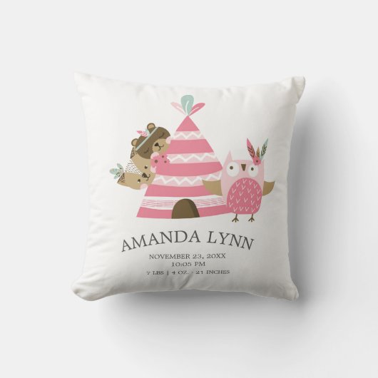 Tribal Woodland Animals Baby Geboorte Stats Kussen (Voorkant)