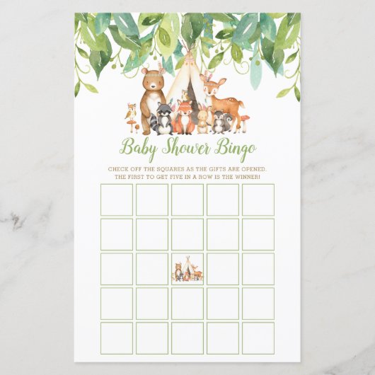 Tribal Woodland Animals Baby shower Bingo Game (Voorkant)