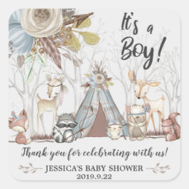 Tribal Woodland Animals Baby shower Boy Bedankt Vierkante Sticker