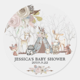 Tribal Woodland Animals Baby shower Meisje Favor Ronde Sticker