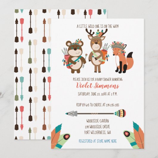 Tribal Woodland Animals Boho Baby shower Invite Kaart (Voorkant / Achterkant)