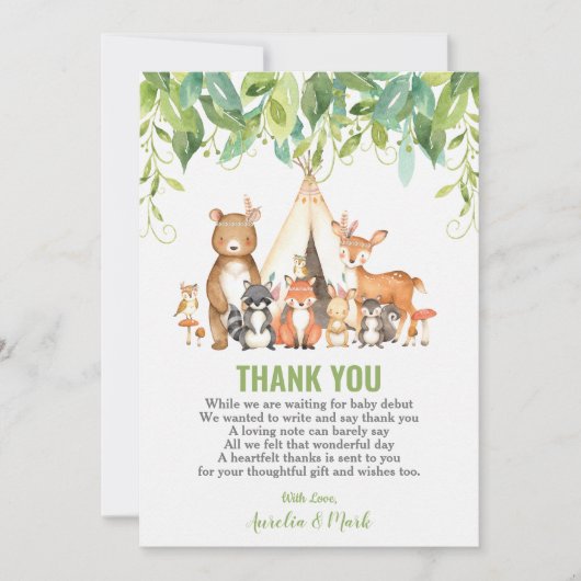 Tribal Woodland Animals GreenGenery Baby shower Bedankkaart (Voorkant)