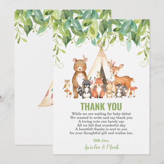 Tribal Woodland Animals GreenGenery Baby shower Bedankkaart (Voorkant / Achterkant)