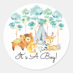 Tribal Woodland Animals Het is een Boy Favor Stick Ronde Sticker