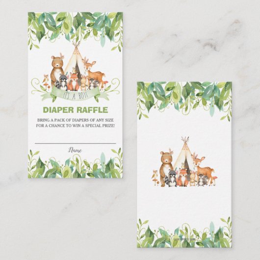 Tribal Woodland Dieren Groen Jongen Luier Raffle Informatiekaartje (Voorkant / Achterkant)