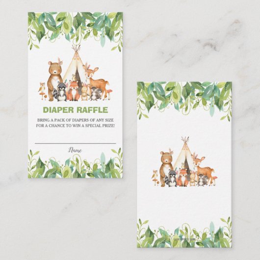 Tribal Woodland Dieren Groene Luier Raffle Informatiekaartje (Voorkant / Achterkant)