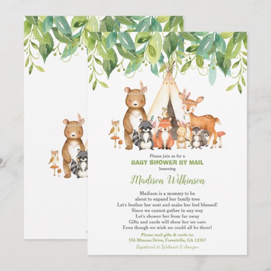 Tribal Woodland Virtual Baby shower Mail Greenery Kaart (Voorkant / Achterkant)