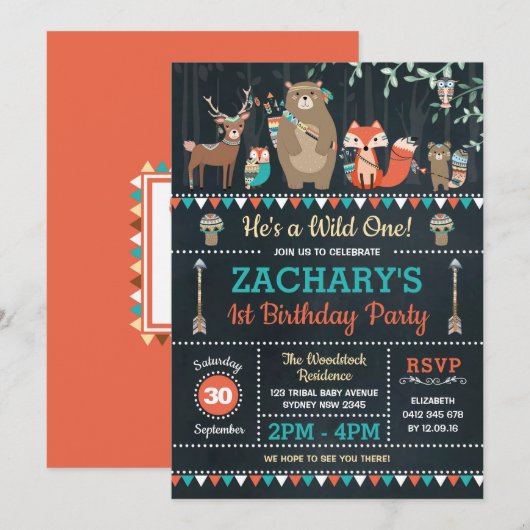 Tribal Woodland Wild One 1st Birthday Party Animal Kaart (Voorkant / Achterkant)