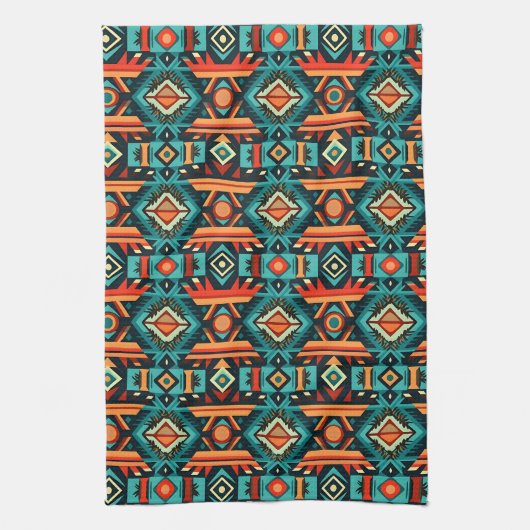 Tribal Zuidwest Patroon Blauw en Sinaasappel Theedoek (Verticaal)