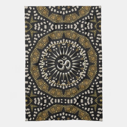 Tribal Zwart Goud Zilver Om Mandala Doek Banner Theedoek (Verticaal)