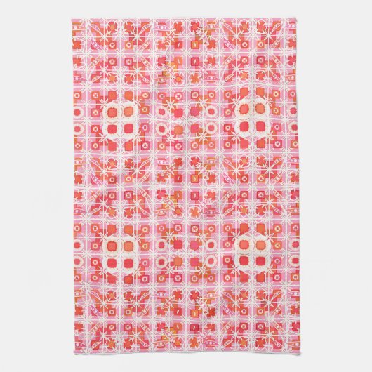 Tribale batik - aardbeiroze en rood theedoek (Verticaal)