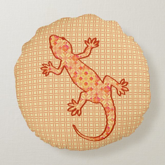 Tribale batik Gecko - koraal en licht sinaasappel Rond Kussen (Achterkant)