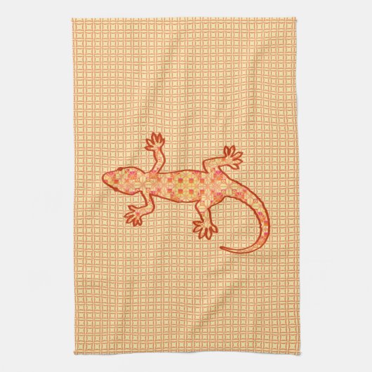 Tribale batik Gecko - koraal en licht sinaasappel Theedoek (Verticaal)