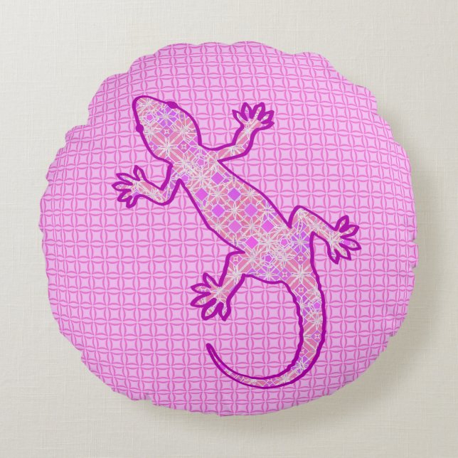 Tribale batik Gecko - orchid en shell roze Rond Kussen (Voorkant)