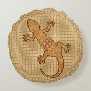 Tribale batik Gecko - roest, ambergeel en geelbrui Rond Kussen