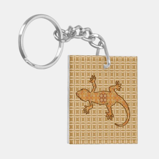 Tribale batik Gecko - roest, ambergeel en geelbrui Sleutelhanger (Voorkant Links)