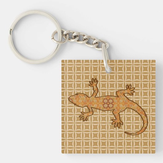 Tribale batik Gecko - roest, ambergeel en geelbrui Sleutelhanger (Voorkant)
