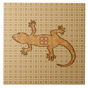 Tribale batik Gecko - roest, ambergeel en geelbrui Tegeltje