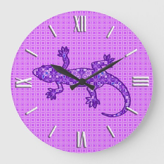 Tribale batik Gecko - violet en amethisch paars Grote Klok (Voorkant)