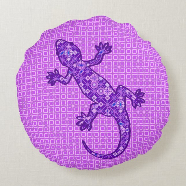 Tribale batik Gecko - violet en amethisch paars Rond Kussen (Achterkant)