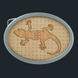 Tribale batik Gekko - roest, ambergeel en geelbrui Gesp<br><div class="desc">Gekko met een tribale batik-textielsluiting - roest,  chocoladebruin,  amberkleurig en kameletan</div>