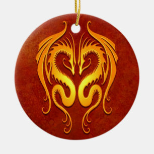 Tribale dragons, rood en geel keramisch ornament
