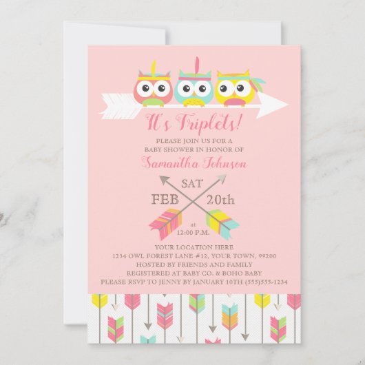 Tribale Eigenaren Triplets Baby shower Invitation Kaart (Voorkant)