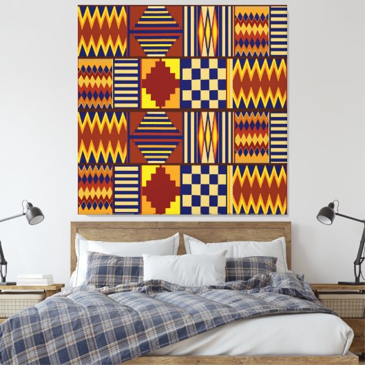 Tribale Folk Art - Rust Navy Yellow Canvas Afdruk (Insitu (Slaapkamer))