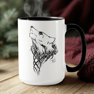 Tribale Illustratie van Zwarte Wolf die Huilt in I Mok