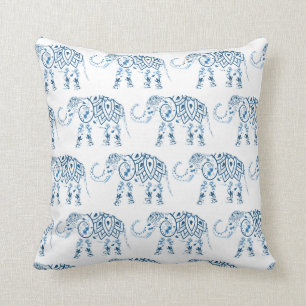 Tribale Olifant Blauwe Mandala op Wit Kussen