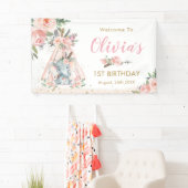 Tribale olifant Roze Floral Birthday Baby Achtergr Spandoek (Insitu)